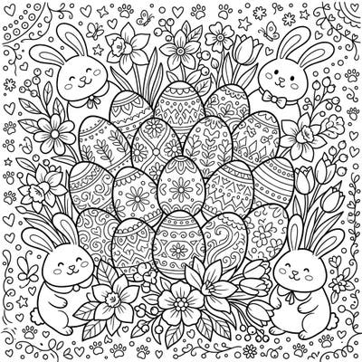 Celebrate the joy of Easter with this delightful coloring page, brimming with adorable bunnies nestled amongst a bounty of beautifully decorated eggs. It's a perfect springtime activity to spark creativity and festive cheer for all ages.