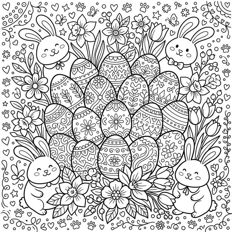 Celebrate the joy of Easter with this delightful coloring page, brimming with adorable bunnies nestled amongst a bounty of beautifully decorated eggs. It's a perfect springtime activity to spark creativity and festive cheer for all ages.