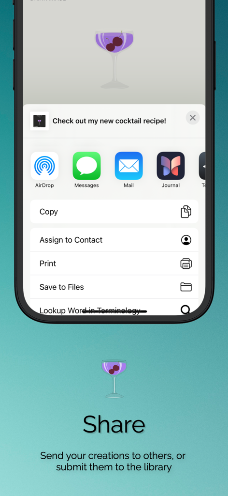 Mixology: The Last Word - 믹솔로지 앱의 공유 인터페이스를 보여주는 iPhone 화면으로, AirDrop, 메시지, 메일을 통해 칵테일 레시피를 보낼 수 있는 옵션이 있습니다.