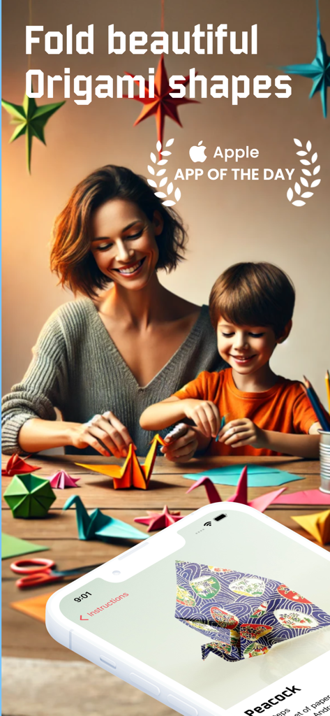 Origami - Fold & Learn - A mother and child smiling while folding paper cranes together using instructions from the Origami app.