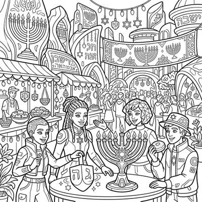 Embark on a unique Hanukkah journey with our futuristic friends! This delightful coloring page captures a vibrant Hanukkah celebration, blending tradition with a glimpse into the future.