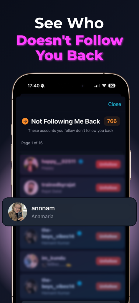 Follower Tracker: UnfollowGram - Captura de pantalla de la aplicación UnfollowGram mostrando una lista de cuentas que no siguen al usuario en redes sociales.