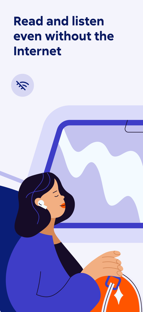 Mujer con auriculares escuchando audiolibros sin conexión mientras viaja.