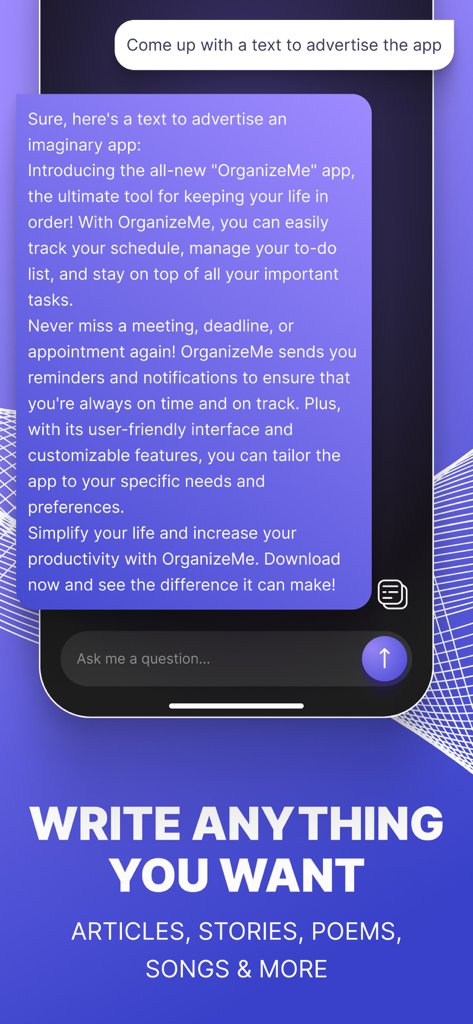 Jarvis Chat bot - AI Assistant - Jarvis AI chatbot interface showing the app generating creative text for an advertisement with the slogan Write Anything You Want