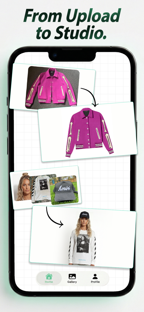 LayFlat - Mobile app interface showing AI transformation of clothing photos into professional studio-style product shots.