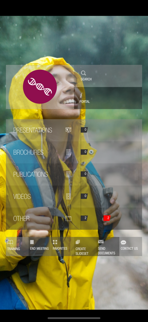 PITCHER Impact - Mobile dashboard of the PITCHER Impact app with menu items for presentations, brochures and publications.