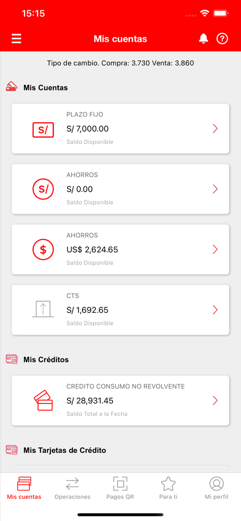Wayki App - Caja Cusco Móvil - Dashboard do Wayki App mostrando saldos de conta em Soles e Dólares Americanos para Caja Cusco.