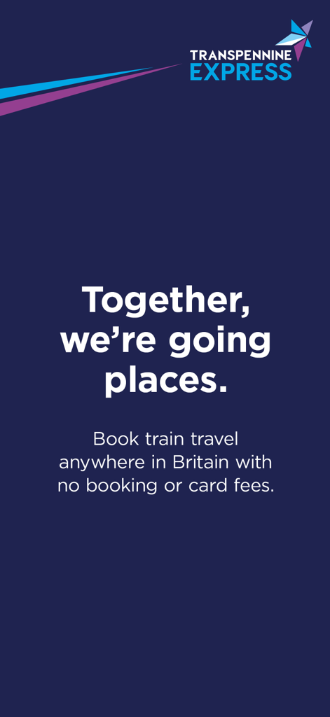 TransPennine Express app screen showing train travel booking across Britain with no fees
