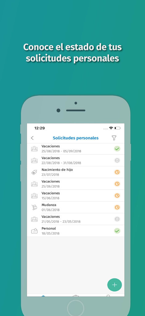 Portal Empleado - Pantalla móvil de la aplicación Portal Empleado mostrando una lista de solicitudes personales de empleados y sus estados.