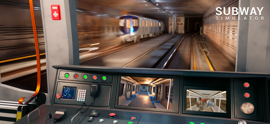 First person cockpit view of a train driver dashboard in the Subway Simulator 3D game.
