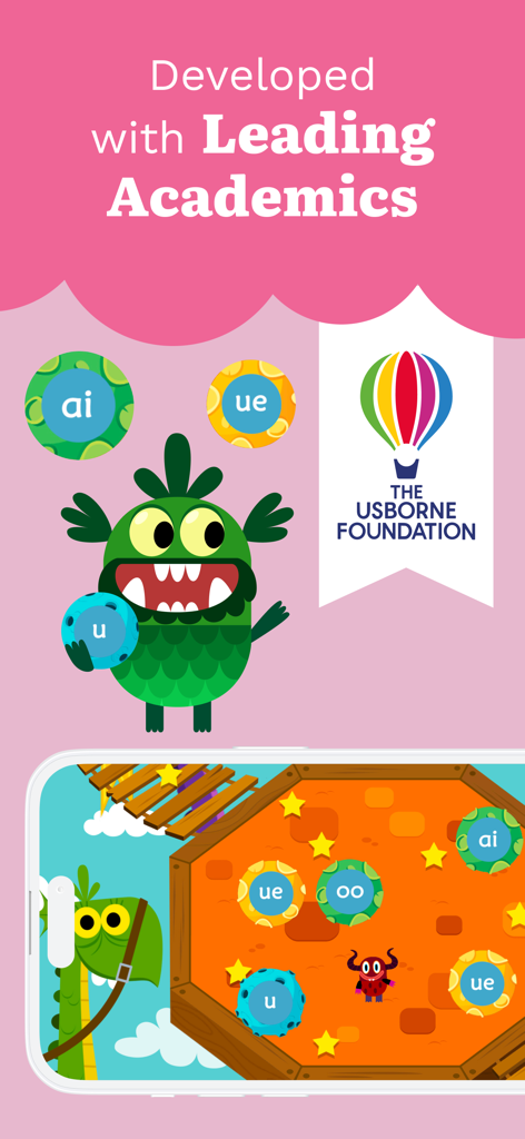 Teach Your Monster to Read - Interfaz de la aplicación Teach Your Monster to Read que muestra el desarrollo académico y el logotipo de Usborne Foundation