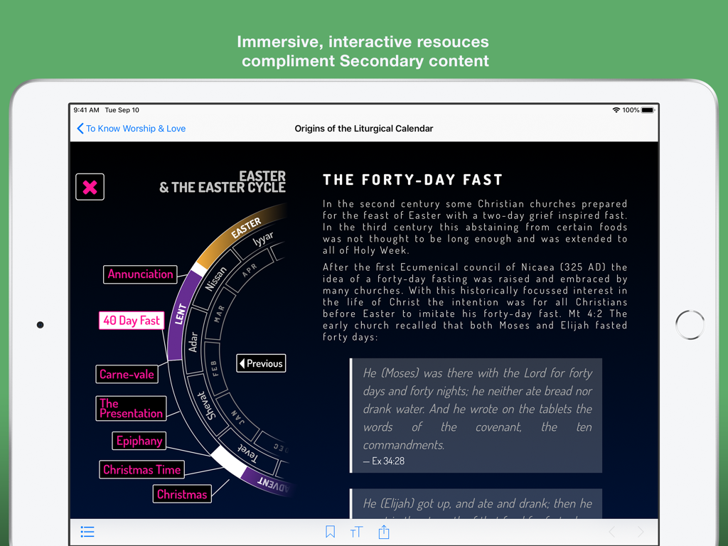 Una pantalla de libro de texto digital en un iPad que muestra los orígenes del calendario litúrgico y los cuarenta días de ayuno