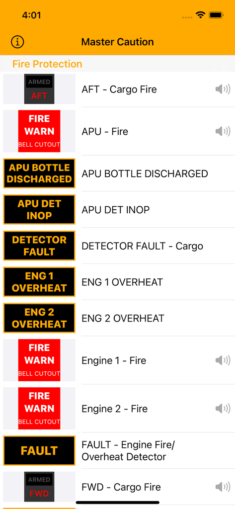 737 Master Caution - Screenshot of the Fire Protection section in the 737 Master Caution app displaying various warning lights and engine fire alerts.