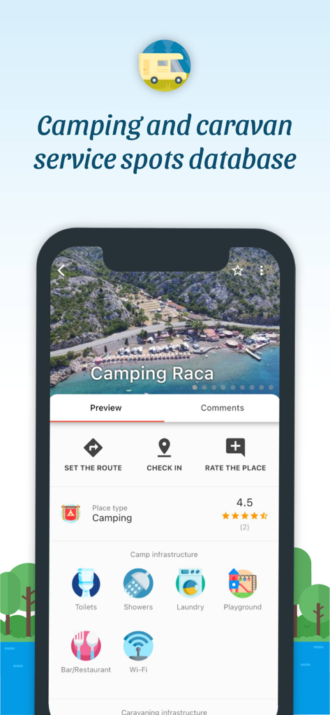 Camp Group - Aplicativo Camp Group mostrando detalhes para Camping Raca com ícones de infraestrutura para banheiros, chuveiros e Wi-Fi