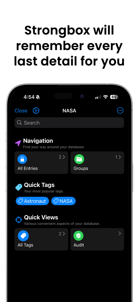 Strongbox - Password Manager - Tableau de bord de l'application Strongbox montrant la navigation par mot de passe et les étiquettes sur un iPhone