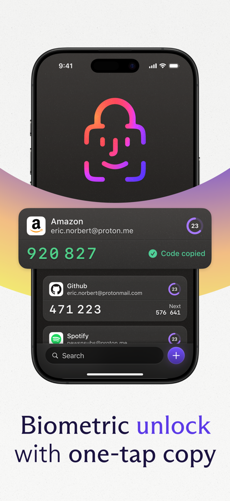 Proton Authenticator - Proton Authenticator app showing biometric unlock and one-tap 2FA code copying feature on an iPhone