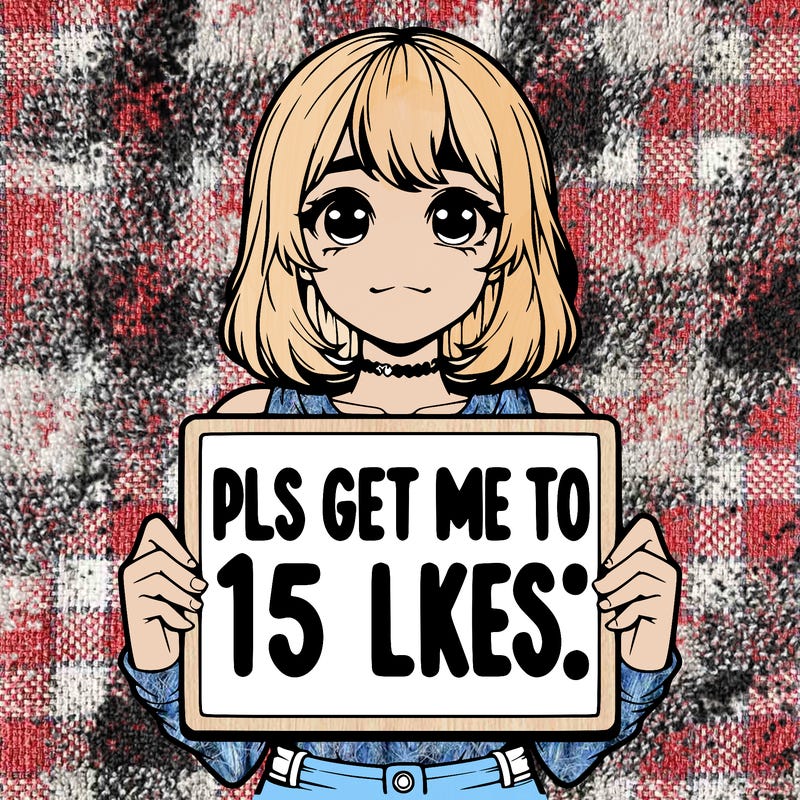 realistic girl holding up a sign that says “pls get me to 15 likes!”