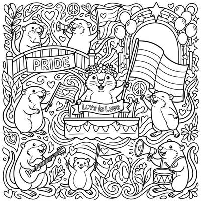 Dive into a joyous celebration of Pride Month with these adorable muskrats! This detailed coloring page for teens bursts with themes of love, diversity, and community spirit.