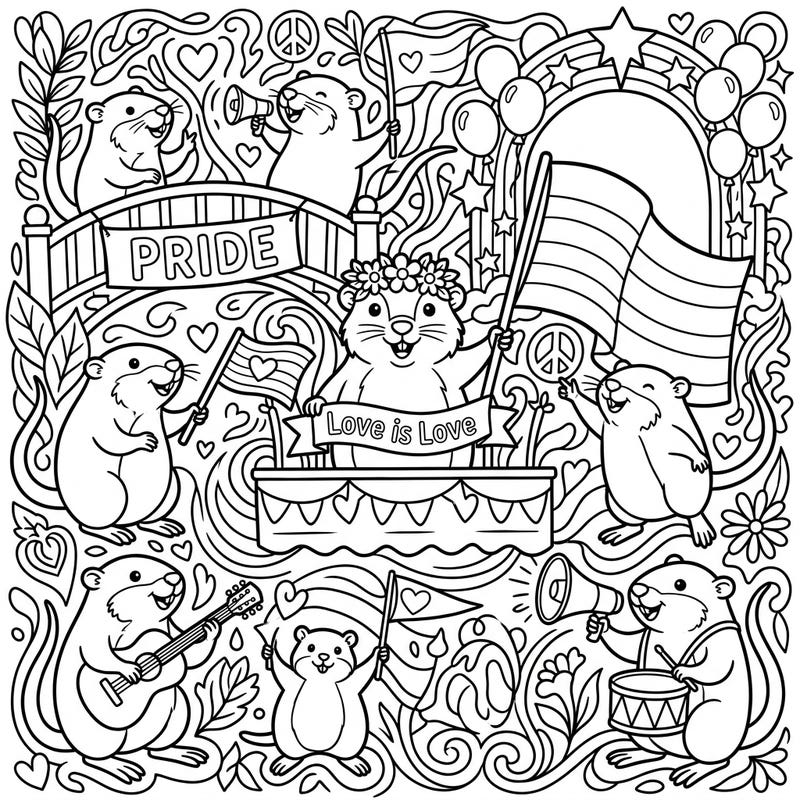 Dive into a joyous celebration of Pride Month with these adorable muskrats! This detailed coloring page for teens bursts with themes of love, diversity, and community spirit.