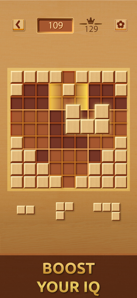 Gemdoku: Wood Block Puzzle - Jugabilidad del rompecabezas de bloques de madera Gemdoku en una cuadrícula de nueve por nueve con la leyenda Mejora tu CI