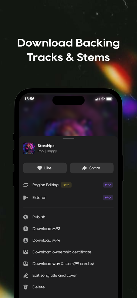 Mureka - AI Music Generator - Murekaアプリの画面。AI生成音楽のバッキングトラック、ステム、所有権証明書のダウンロードオプションが表示されている