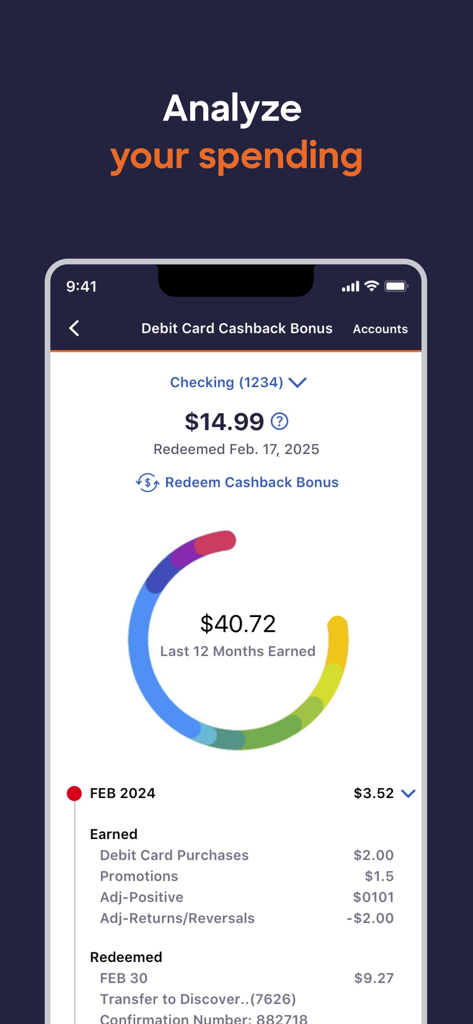Discover Mobile app showing cashback rewards analysis and earned bonuses.