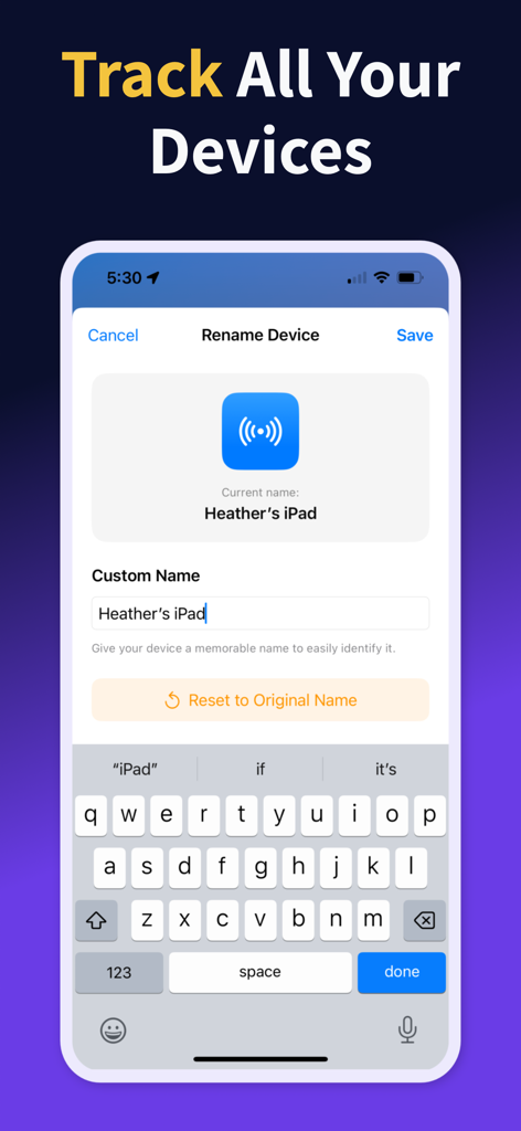 Oberfläche zeigt die Funktion zum Umbenennen von benutzerdefinierten Geräten zur einfachen Bluetooth-Ortung
