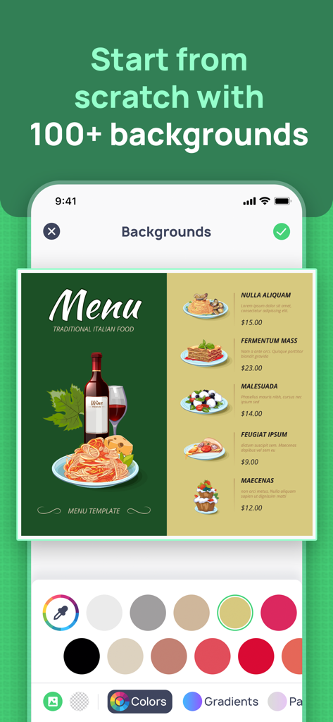 Interface of Menu Maker app showing customizable backgrounds and an Italian restaurant menu template