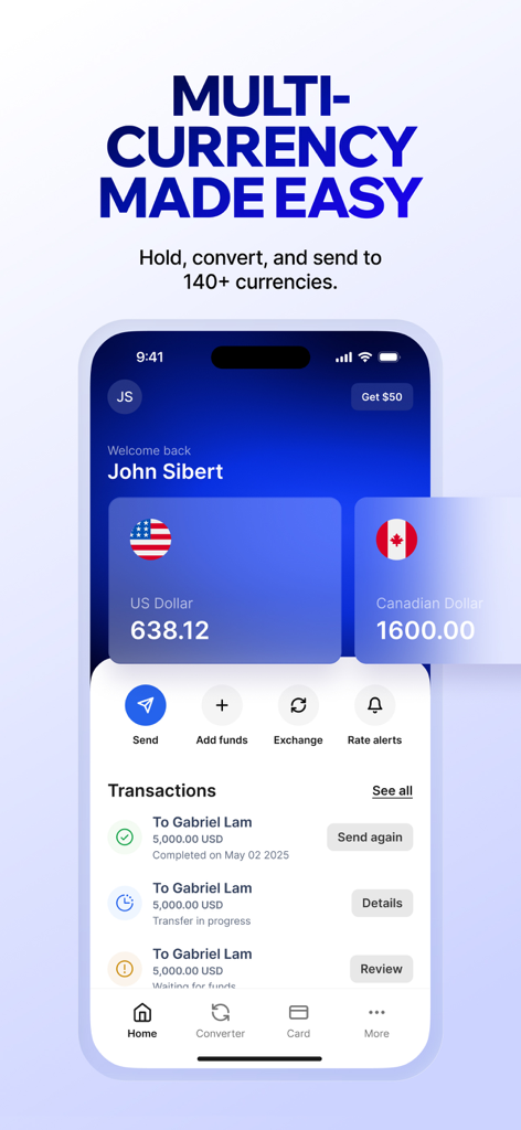 Xe Send Money & Currency - Tela inicial do aplicativo móvel Xe mostrando saldos de várias moedas e opções de transferência internacional de dinheiro
