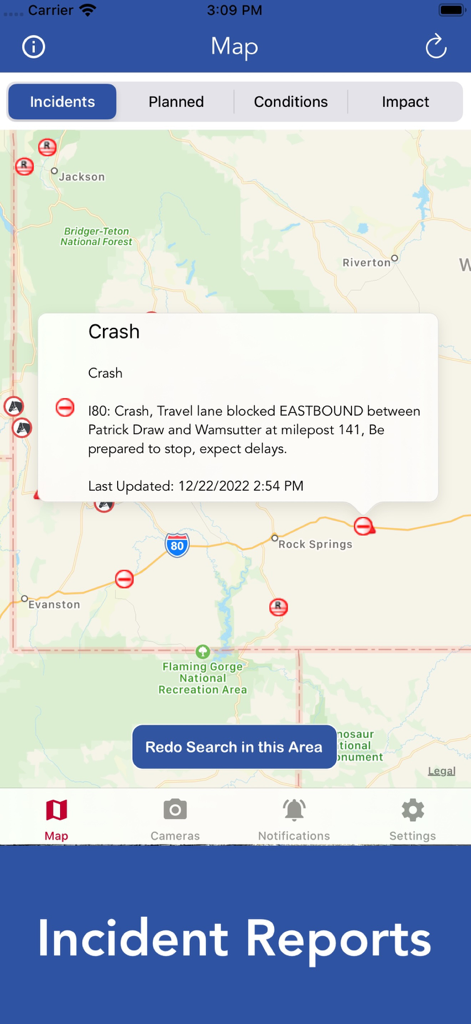 Visualização de mapa do aplicativo Wyoming Road Conditions mostrando um alerta de acidente em tempo real na I-80.