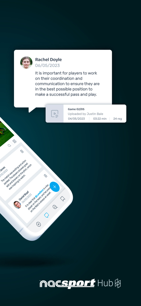 Nacsport Hub - Interface of the Nacsport Hub app showing coach and player comments on a video analysis feedback session.