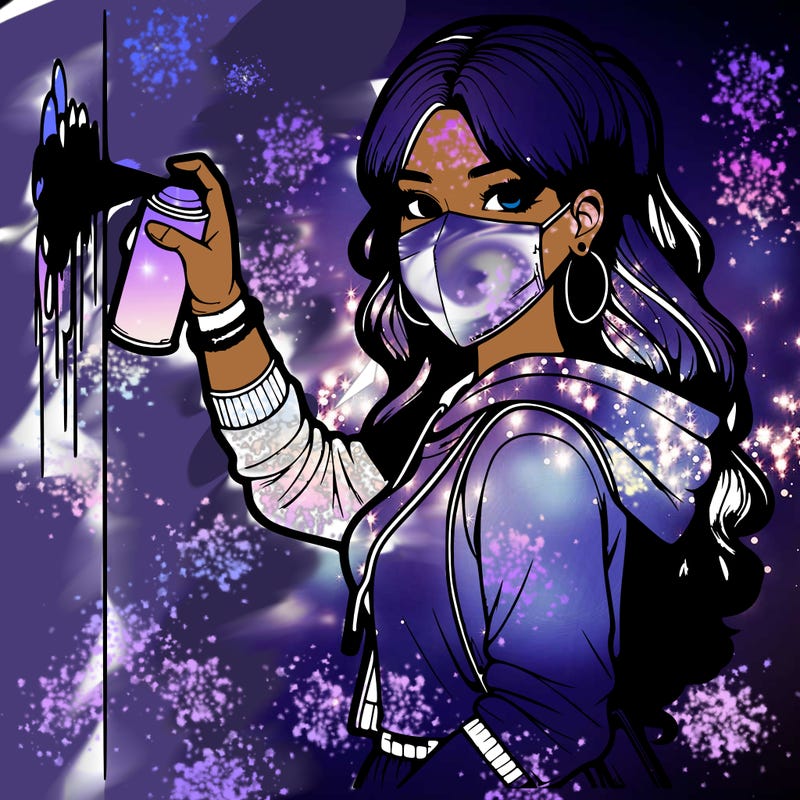 realistic girl with mask spray painting a wall