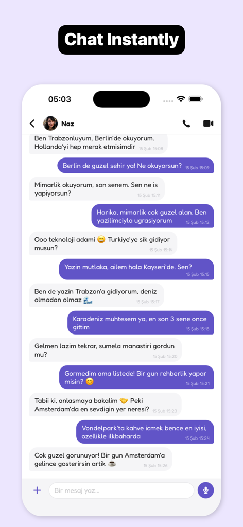 Lokum: Turkish Dating & Love - Instant chat interface in Lokum Turkish dating app showing a conversation between two users in Turkish