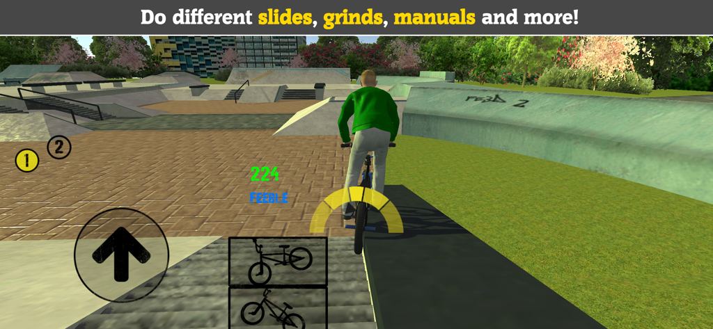 BMX FE3D 2 - A BMX rider performing a feeble grind on a ledge in a skatepark within the game BMX FE3D 2.