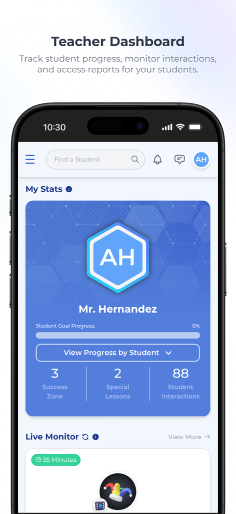 Acellus app teacher dashboard showing student success stats and live monitoring