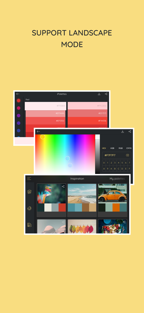 iPalettes-App zeigt Farbauswahlwerkzeuge und Inspirationspaletten im Querformat an