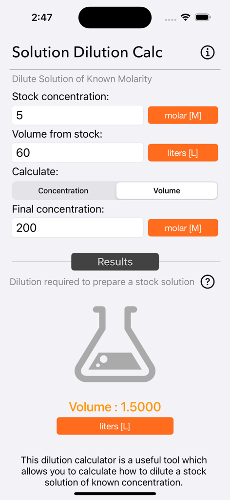 Solution Dilution Calculator - Interface de l'application Calculateur de Dilution de Solutions pour les calculs de laboratoire