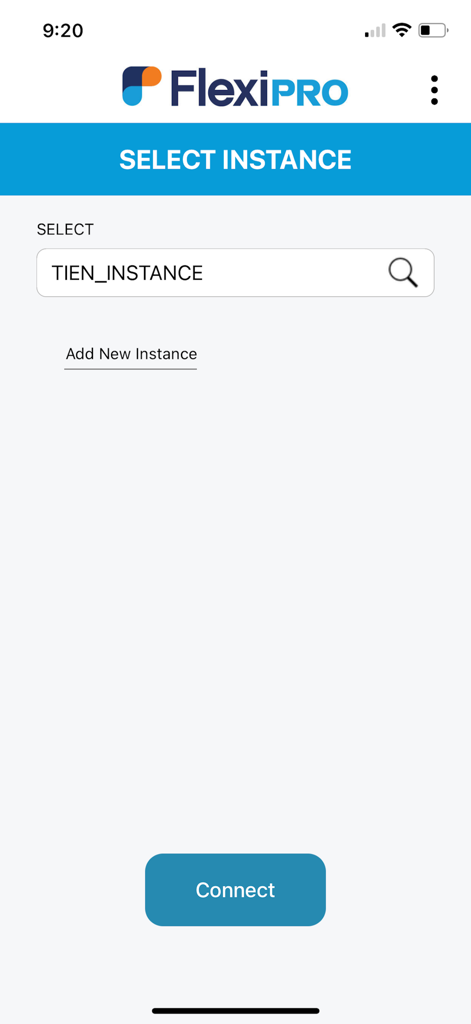 FlexiPro - FlexiPro mobile App-Oberfläche, die den Bildschirm zur Instanzauswahl mit einer Schaltfläche zur Verbindung anzeigt