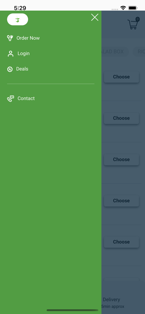 NOODLE- BOX - Menú de navegación lateral de la aplicación móvil Noodle Box que muestra opciones para pedidos, inicio de sesión, ofertas y contacto.