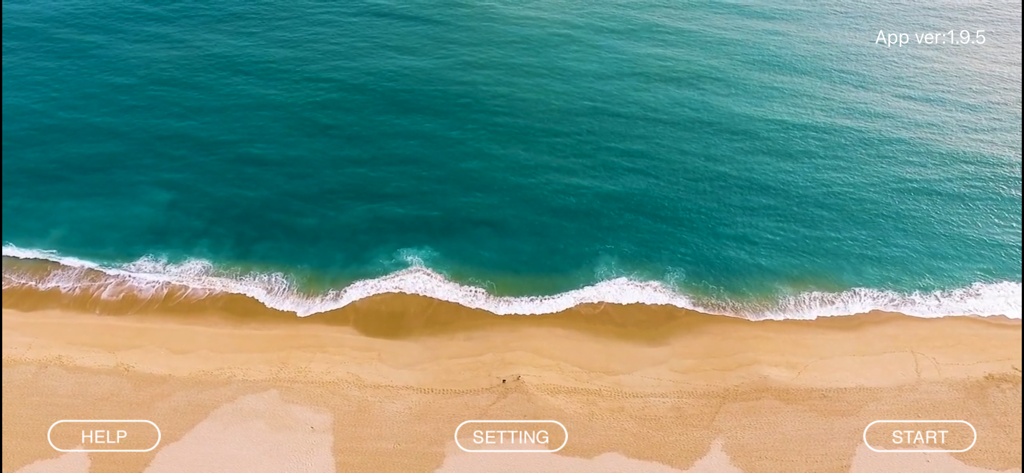 HD X Drone - Tela inicial do aplicativo HD X Drone com um fundo de praia aéreo e botões de navegação para ajuda, configurações e início