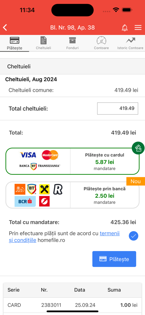 homefile - Mobile app interface showing monthly property maintenance fees and electronic payment options for residents.