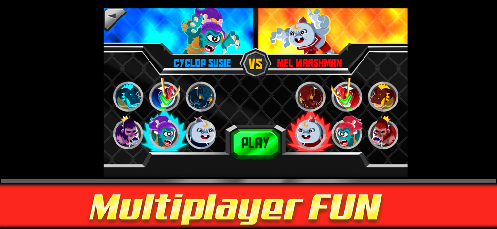 UFB Rampage multiplayer character selection screen showing Cyclop Susie versus Mel Marshman