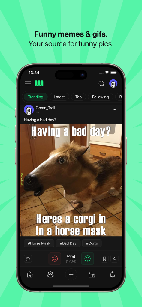 Application mobile Memedroid montrant un mème tendance d'un corgi avec un masque de cheval
