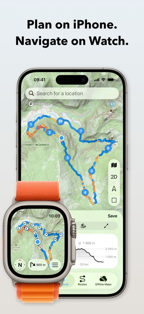 Aplicativo WristTopo mostrando planejamento de rotas topográficas no iPhone e navegação no Apple Watch Ultra