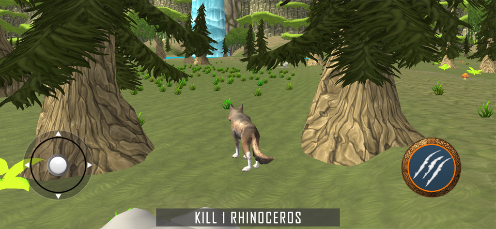 A third-person view of a wolf in a 3D forest environment from a simulation game.
