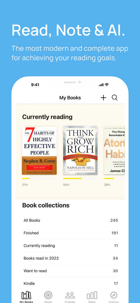Basmo.Reading Tracker,Book Log - Basmo reading tracker app interface showing current books with progress bars and organized collections