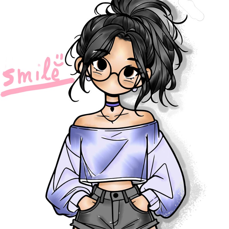 girl with a messy ponytail glasses a baggy crop top and jean shorts