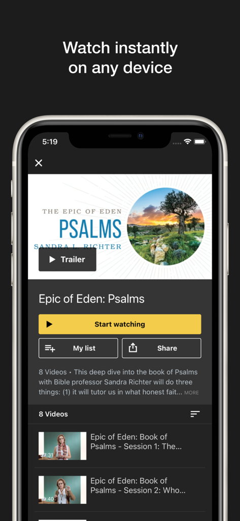 Study Gateway - Study Gateway app interface showing the Epic of Eden Psalms video study module with start watching and trailer buttons