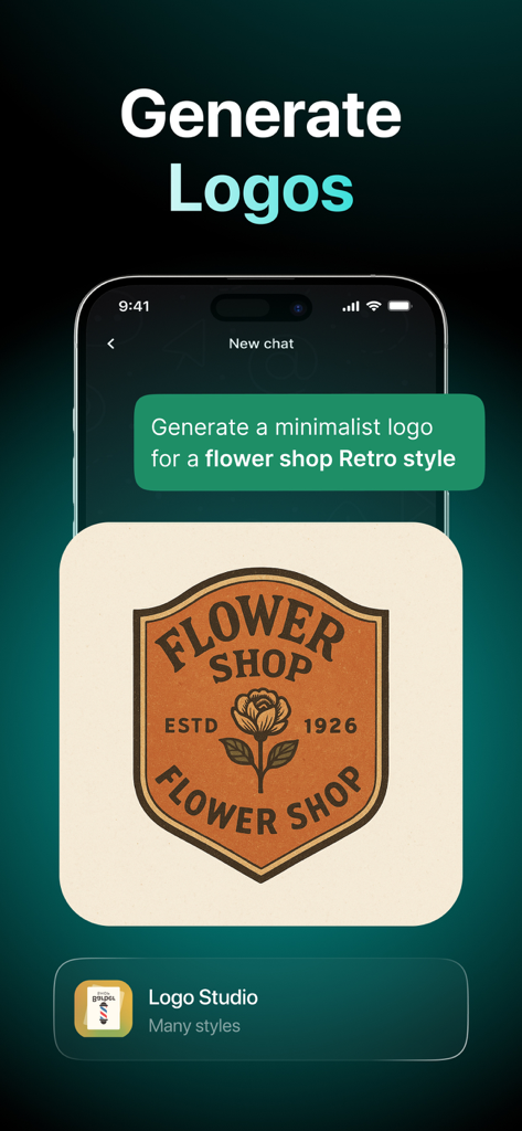 Chatbot 5: AI Chat Assistant - 미니멀리스트 프롬프트를 기반으로 레트로 꽃집 로고를 생성하는 Chatbot 5 앱 스크린샷