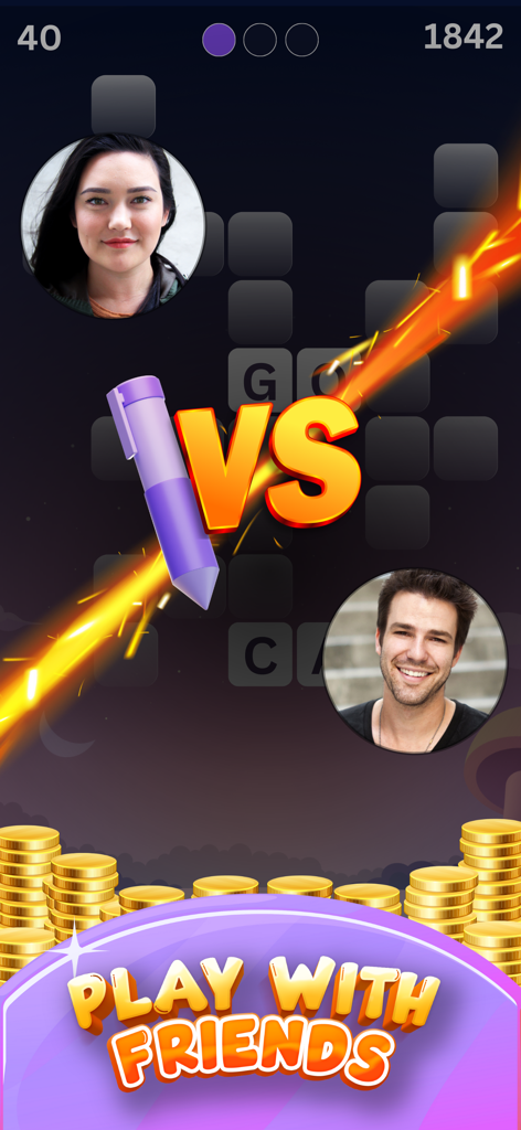 Crossword Cash Earn Word Games - Two players competing in a head-to-head crossword match with cash prizes and gold coins.